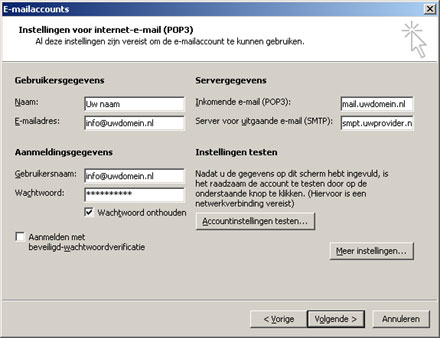 Outlook 2003 - Instellingen voor internet e-mail (pop3)